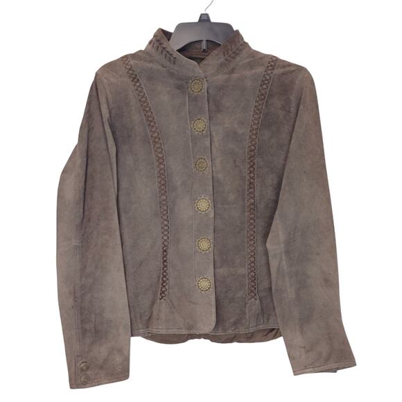 Harold's Suede Jacket Flower Buttons Long Sleeve Mandarin Collar Gray Womens M